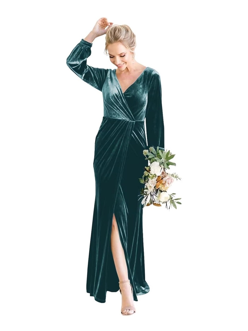 Revelry Emerald Green Teal Velvet Wrap Maxi Gown with Long Sleeves
